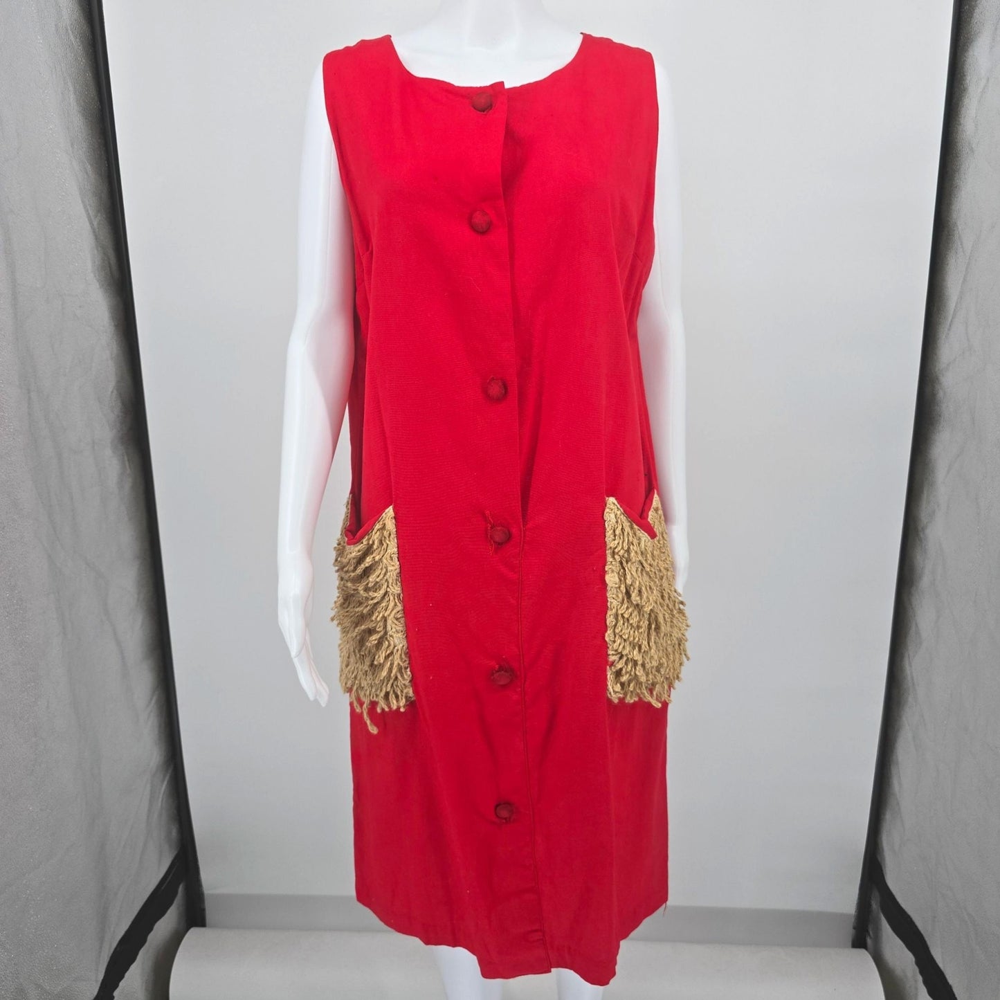 Vintage 1960s Red Button-Front Fringe Pocket Sleeveless Shift Dress (XL)