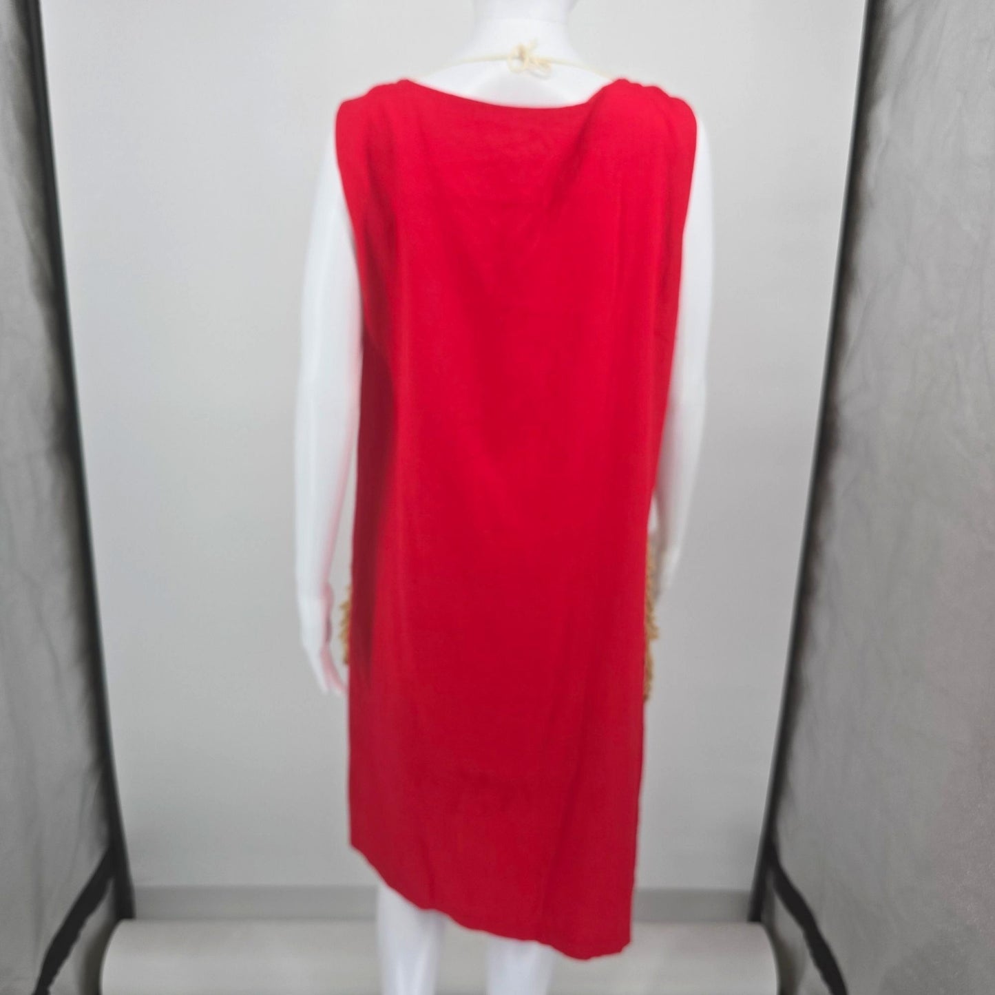 Vintage 1960s Red Button-Front Fringe Pocket Sleeveless Shift Dress (XL)