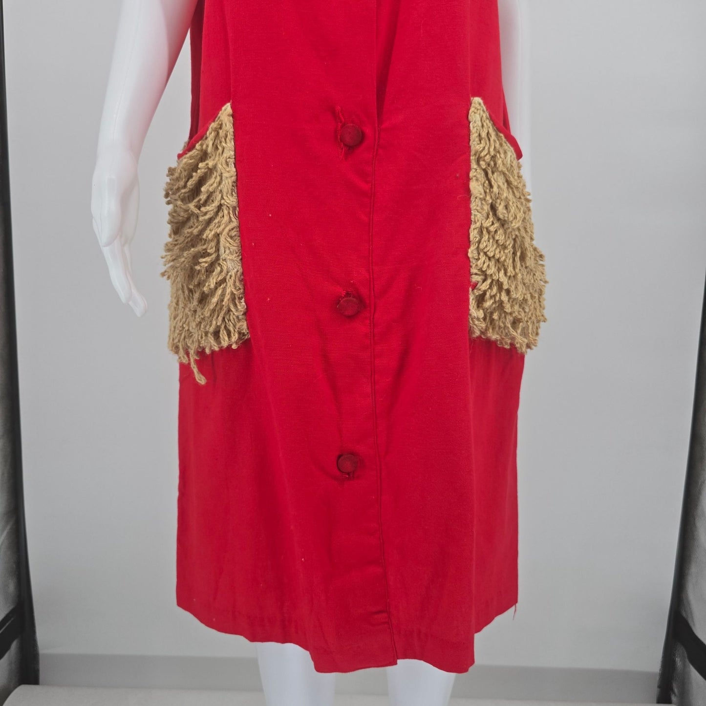 Vintage 1960s Red Button-Front Fringe Pocket Sleeveless Shift Dress (XL)