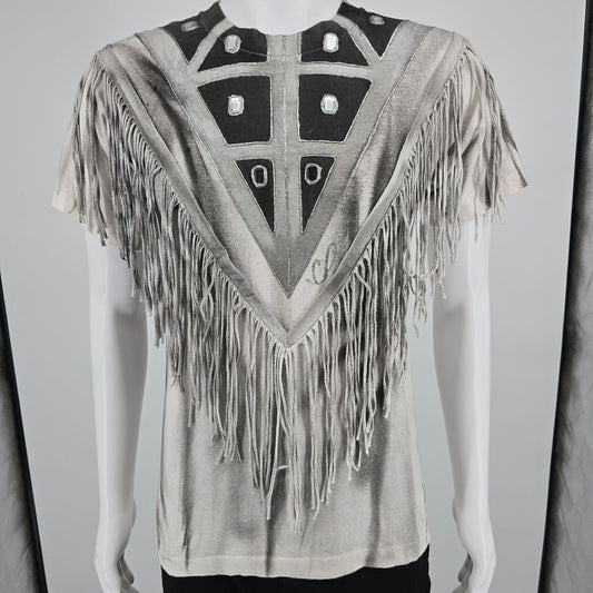 Vintage 1980s Handmade DIY Western Fringe & Rhinestones Wearable Art T-Shirt (S)
