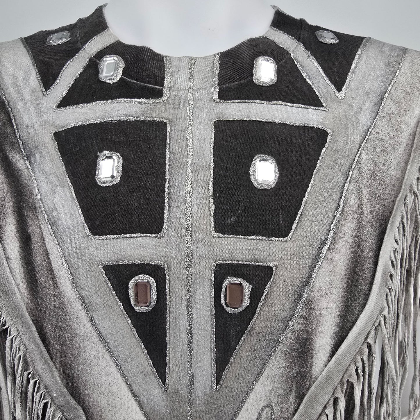 Vintage 1980s Handmade DIY Western Fringe & Rhinestones Wearable Art T-Shirt (S)