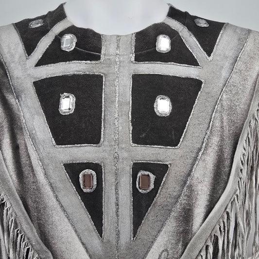Vintage 1980s Handmade DIY Western Fringe & Rhinestones Wearable Art T-Shirt (S)