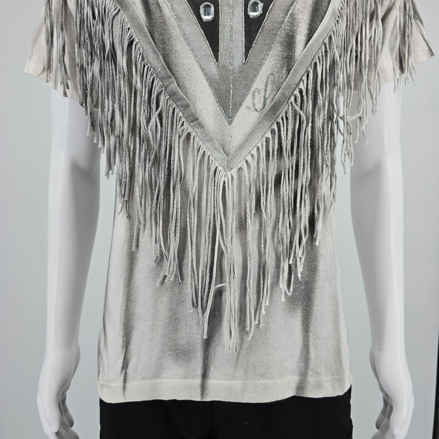 Vintage 1980s Handmade DIY Western Fringe & Rhinestones Wearable Art T-Shirt (S)