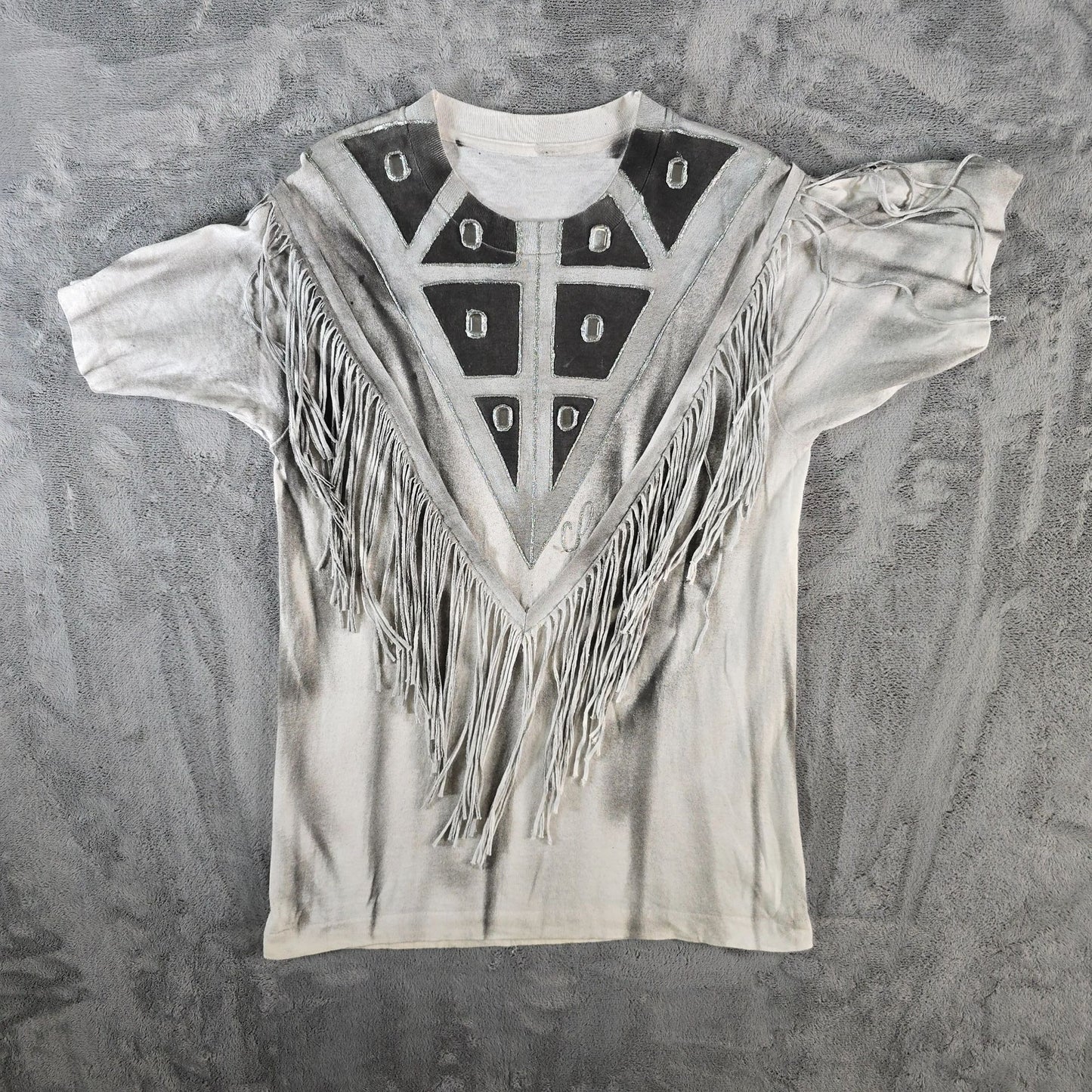 Vintage 1980s Handmade DIY Western Fringe & Rhinestones Wearable Art T-Shirt (S)