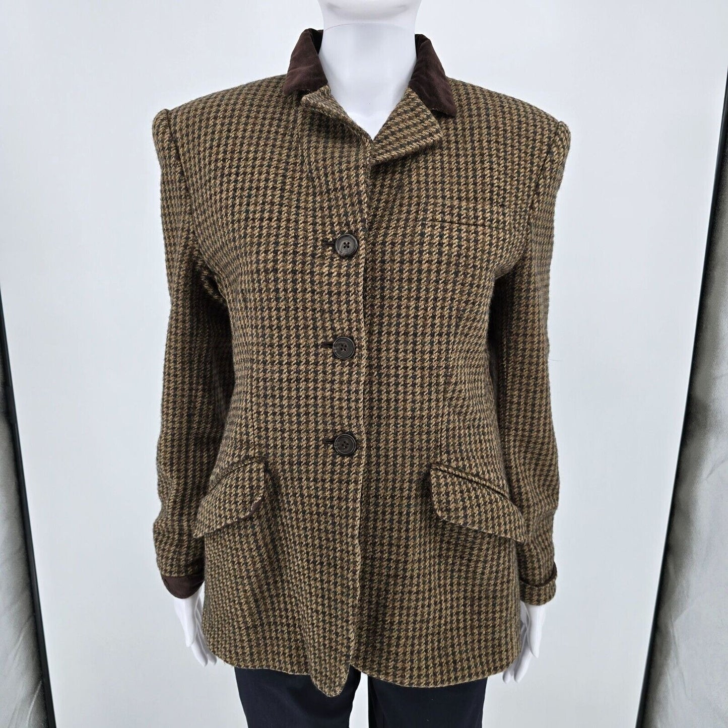 Vintage 90s Lauren Ralph Lauren Brown Houndstooth Wool/Silk Blazer Jacket (8)
