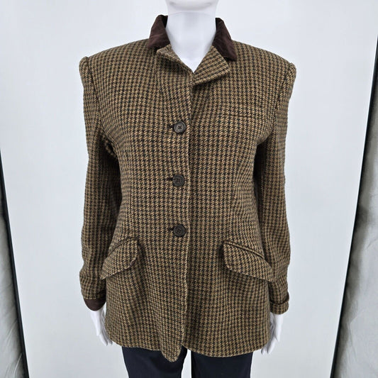 Vintage 90s Lauren Ralph Lauren Brown Houndstooth Wool/Silk Blazer Jacket (8)