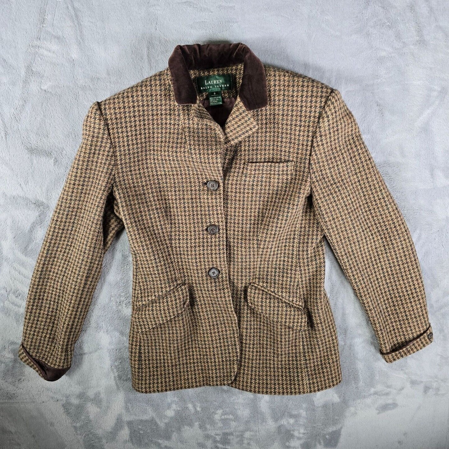 Vintage 90s Lauren Ralph Lauren Brown Houndstooth Wool/Silk Blazer Jacket (8)