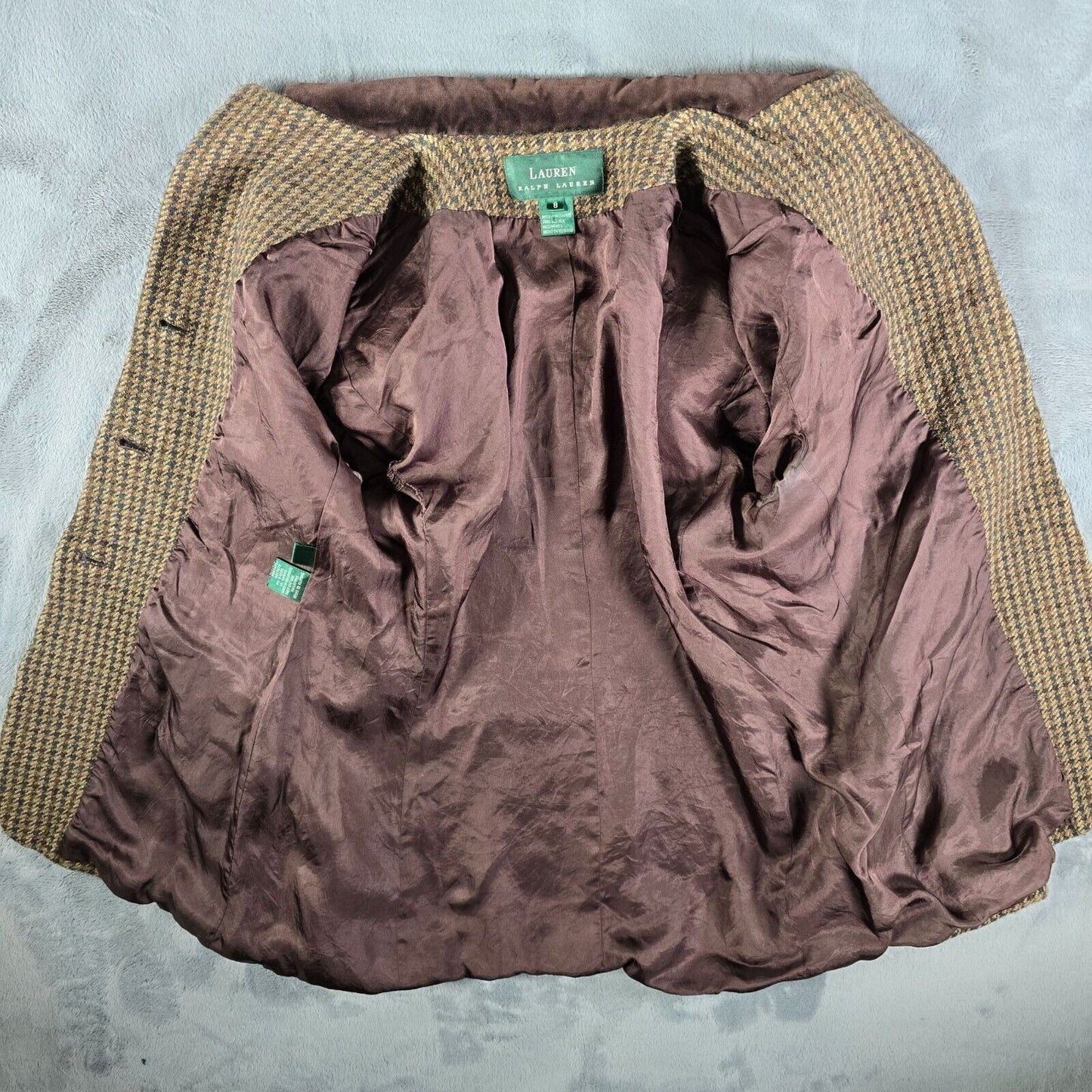 Vintage 90s Lauren Ralph Lauren Brown Houndstooth Wool/Silk Blazer Jacket (8)