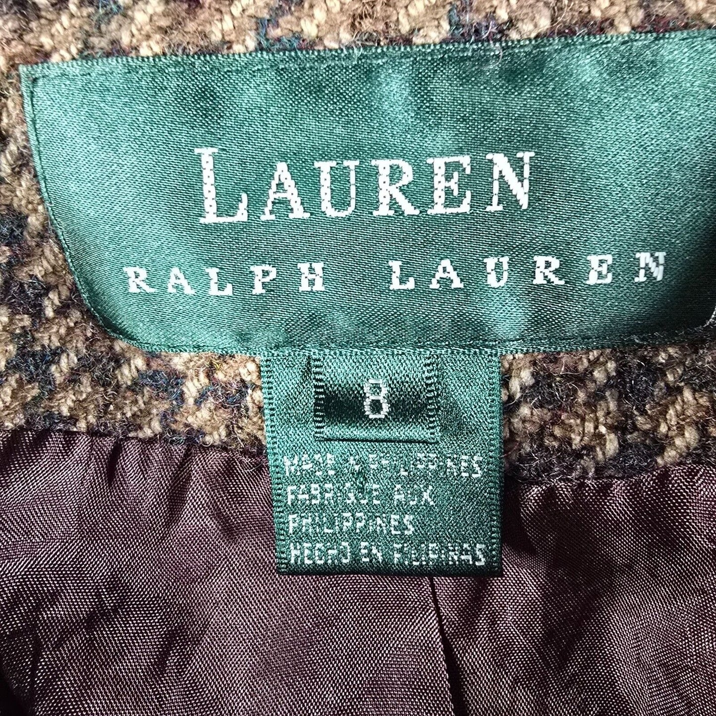 Vintage 90s Lauren Ralph Lauren Brown Houndstooth Wool/Silk Blazer Jacket (8)