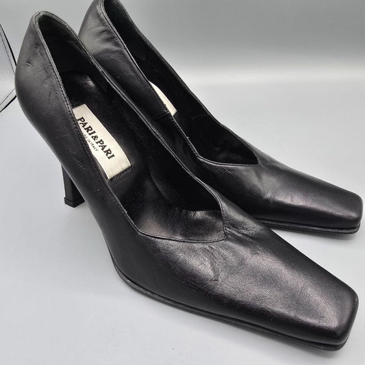 Vintage 1990s Deadstock Pari & Pari Black Nappa Leather Square-Toe Pumps (7B)
