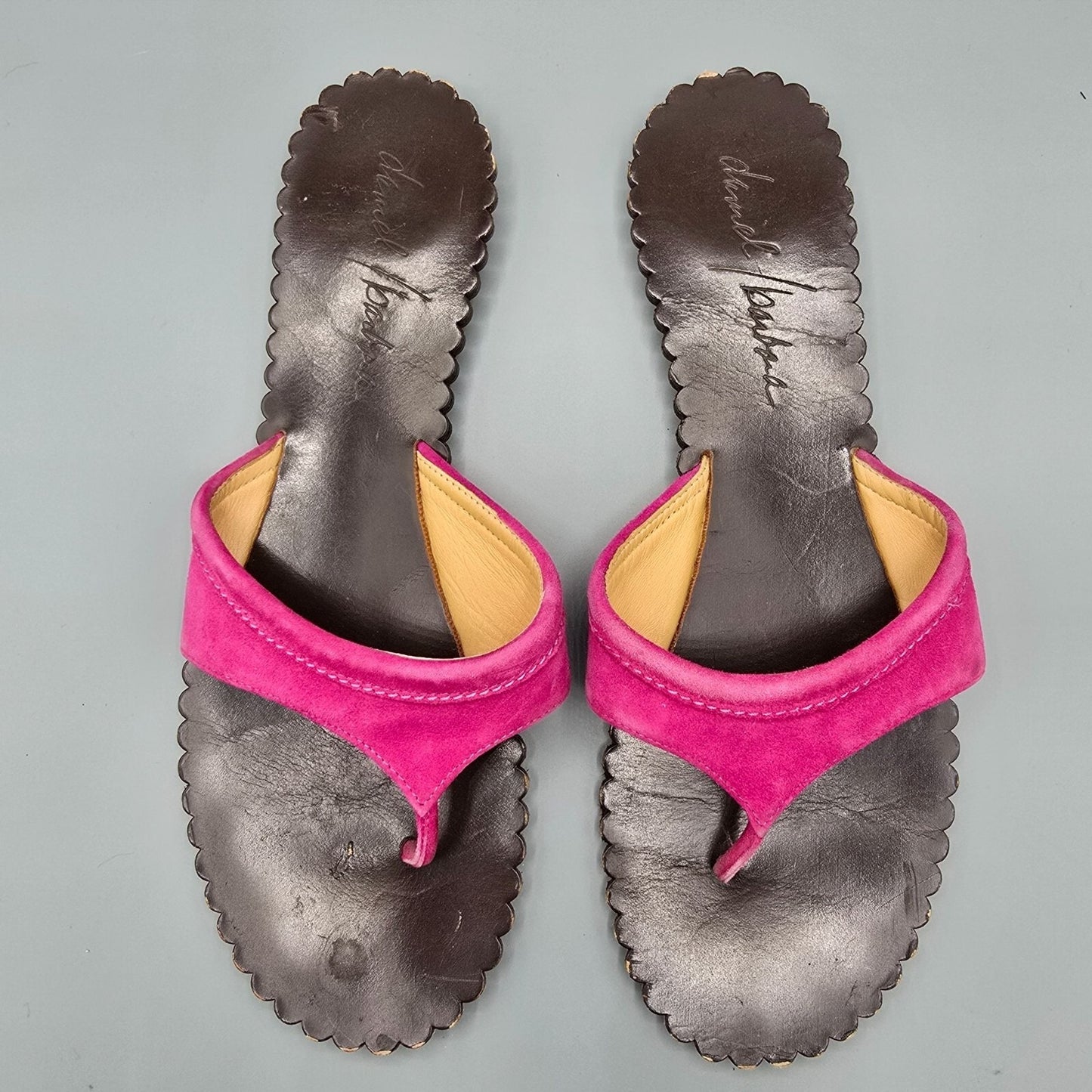 Daniel Barbara Pink Suede & Brown Leather Scalloped Thong Sandals (10M)