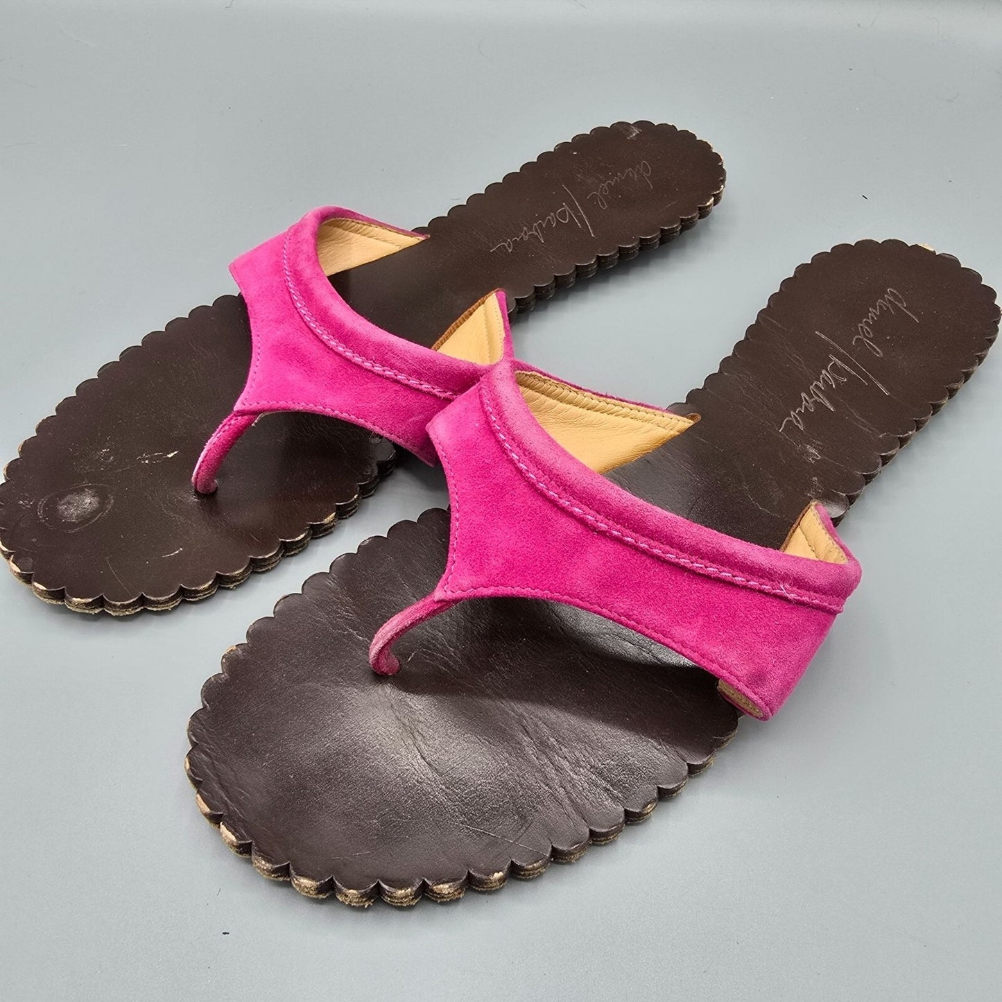 Daniel Barbara Pink Suede & Brown Leather Scalloped Thong Sandals (10M)