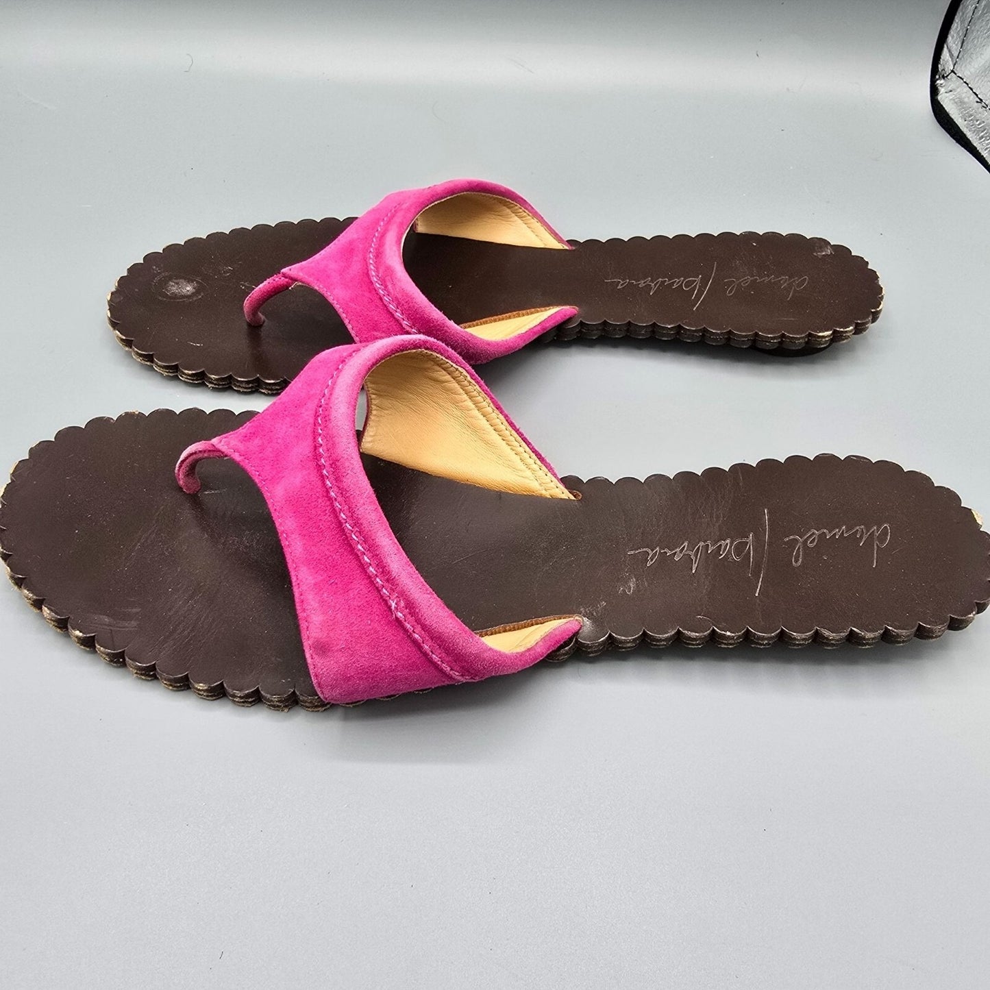 Daniel Barbara Pink Suede & Brown Leather Scalloped Thong Sandals (10M)