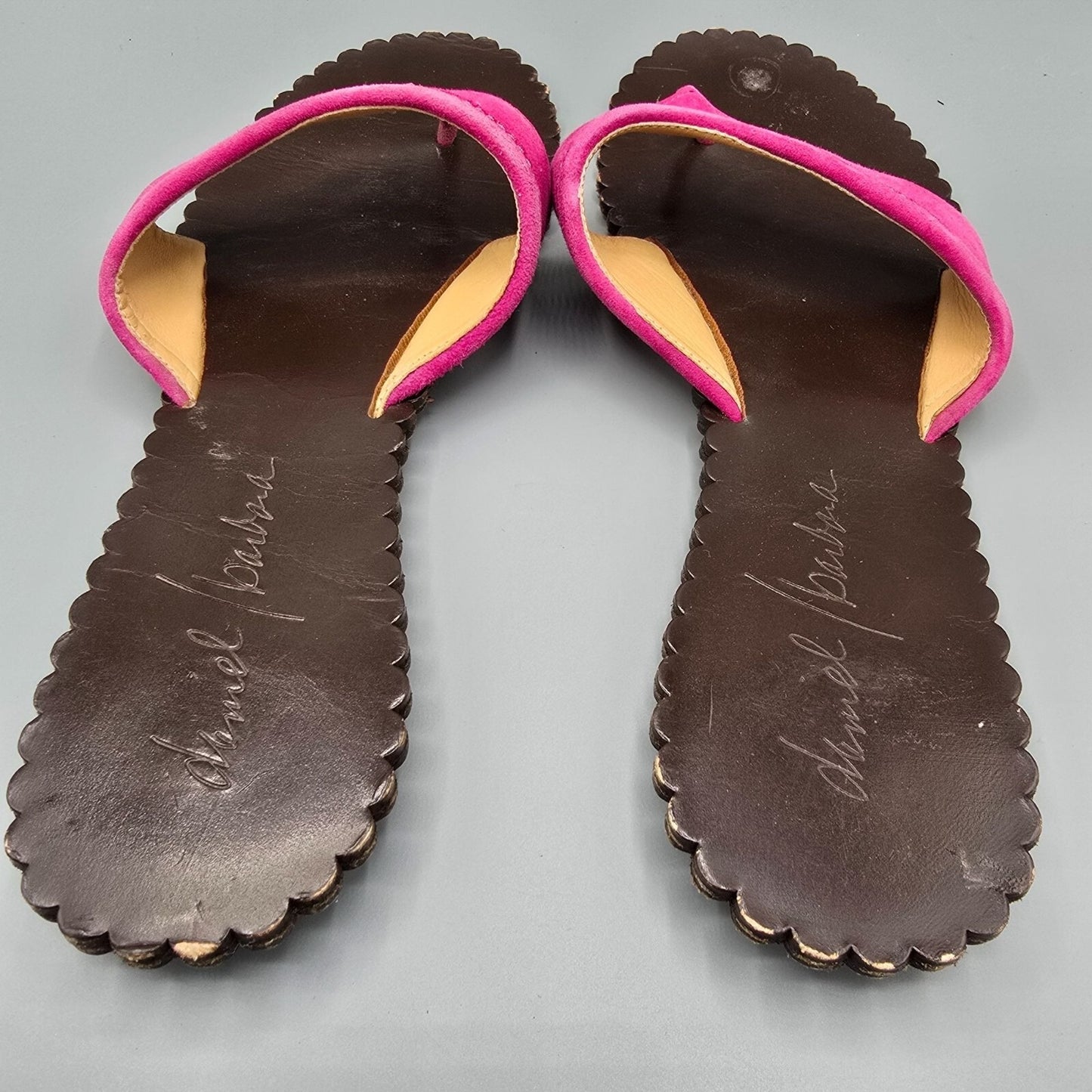 Daniel Barbara Pink Suede & Brown Leather Scalloped Thong Sandals (10M)