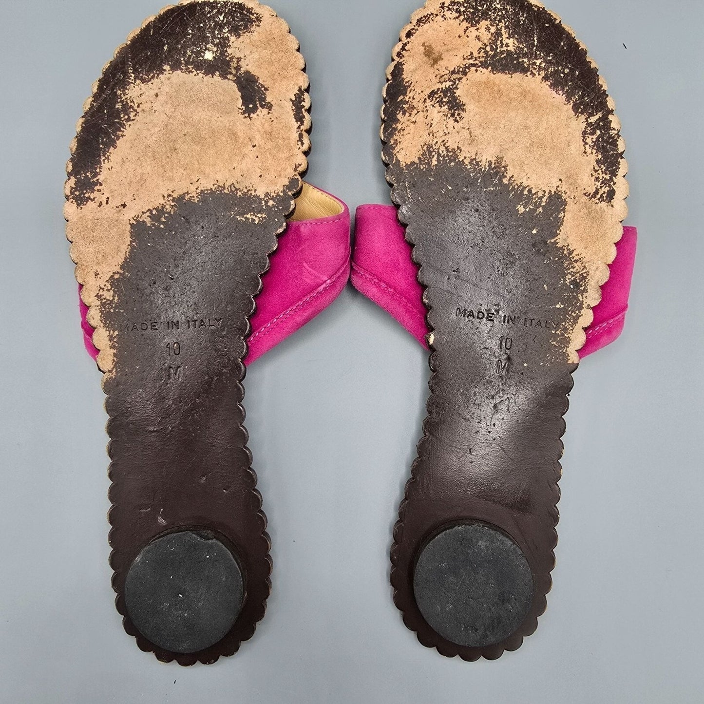 Daniel Barbara Pink Suede & Brown Leather Scalloped Thong Sandals (10M)
