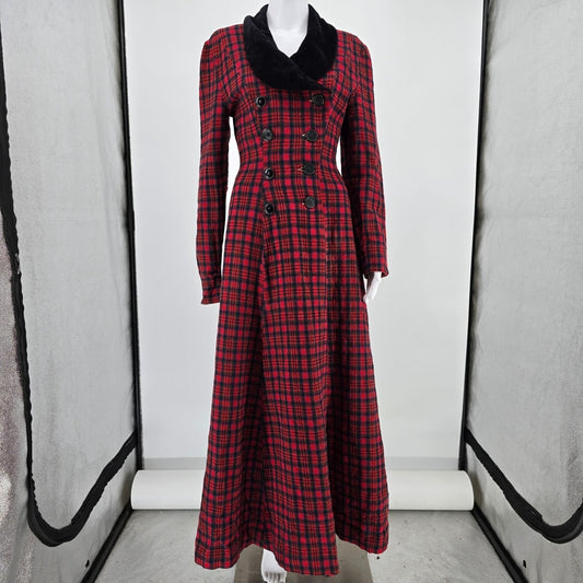 Vintage 1940s Raymond New York Velvet Collar Tartan Plaid Wool Long Coat (S)