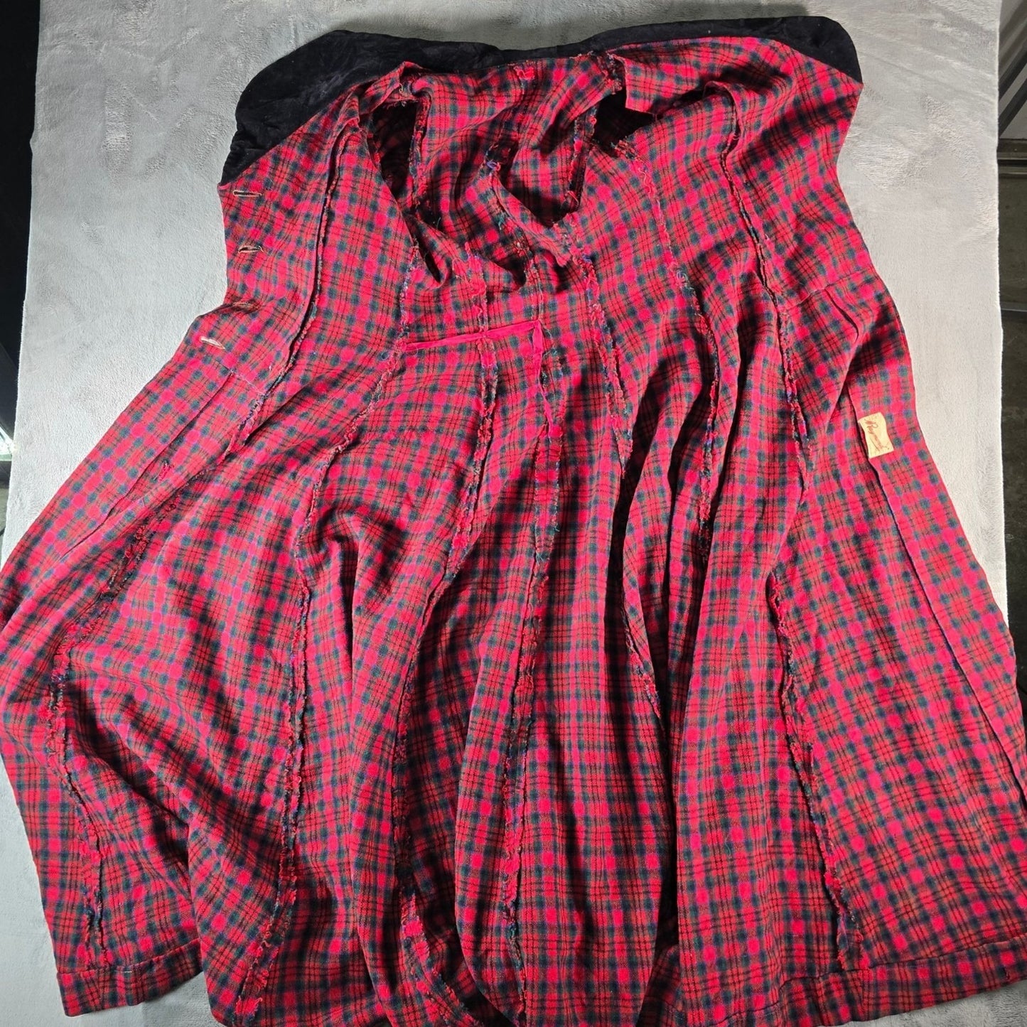 Vintage 1940s Raymond New York Velvet Collar Tartan Plaid Wool Long Coat (S)