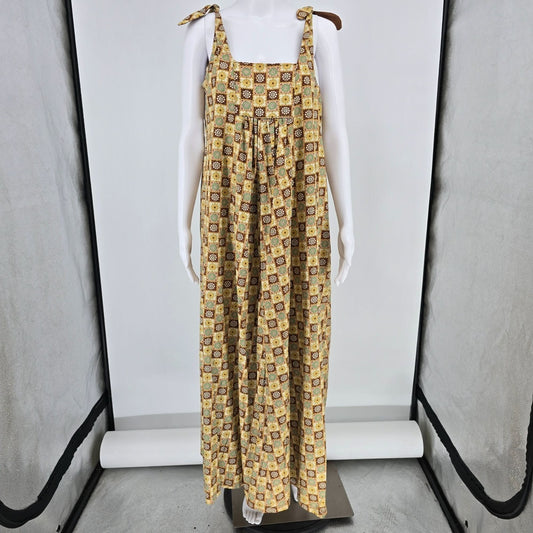 Vintage 1970s Brown/Yellow/Green Tile Pattern Tie Shoulder Maxi Sundress (L)