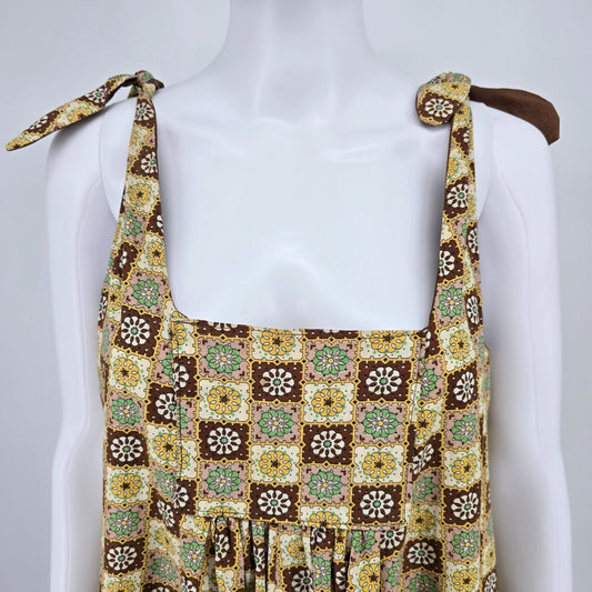 Vintage 1970s Brown/Yellow/Green Tile Pattern Tie Shoulder Maxi Sundress (L)