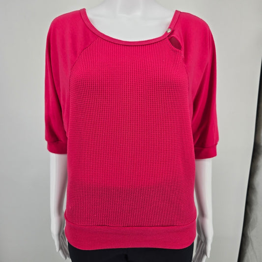 Vintage 1980s Miss Kalico California Pink Waffle Knit Batwing Pullover Top (M)