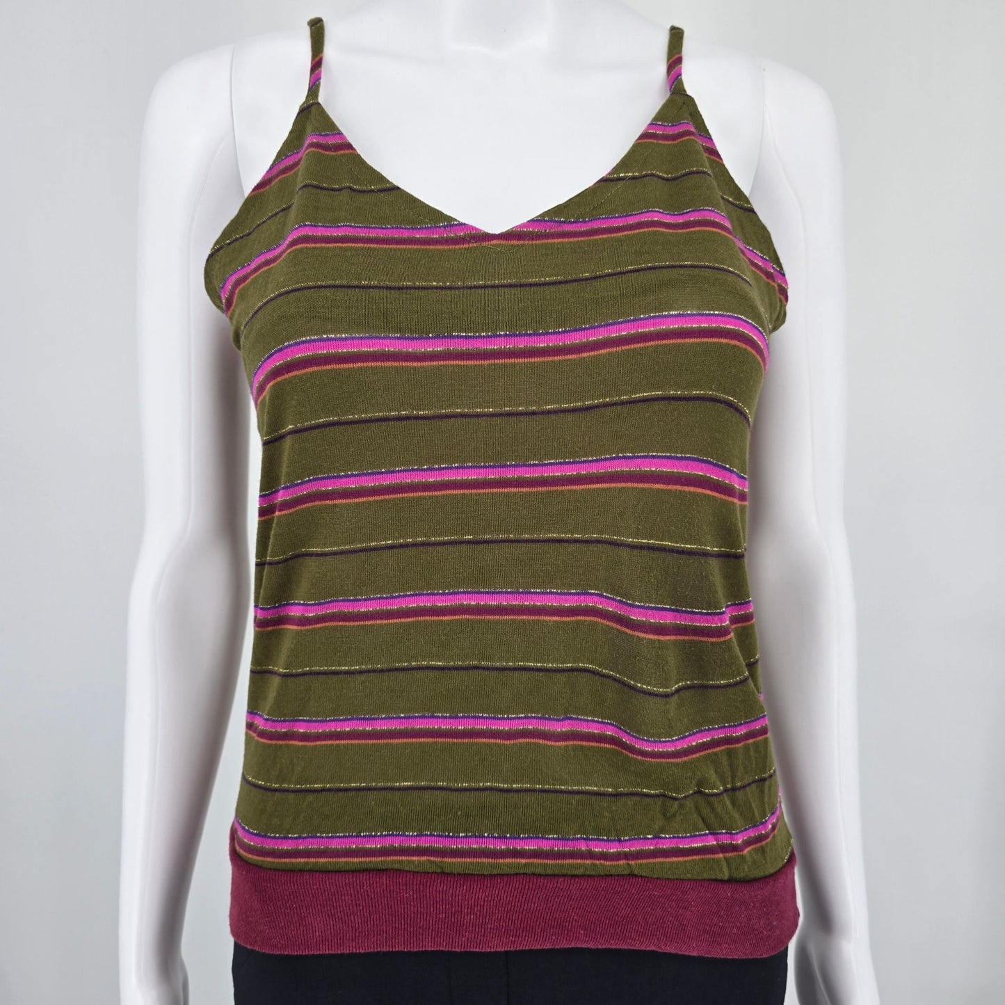 Vintage 1970s Olive Green Metallic Striped Spaghetti Strap Disco Tank Top (S)