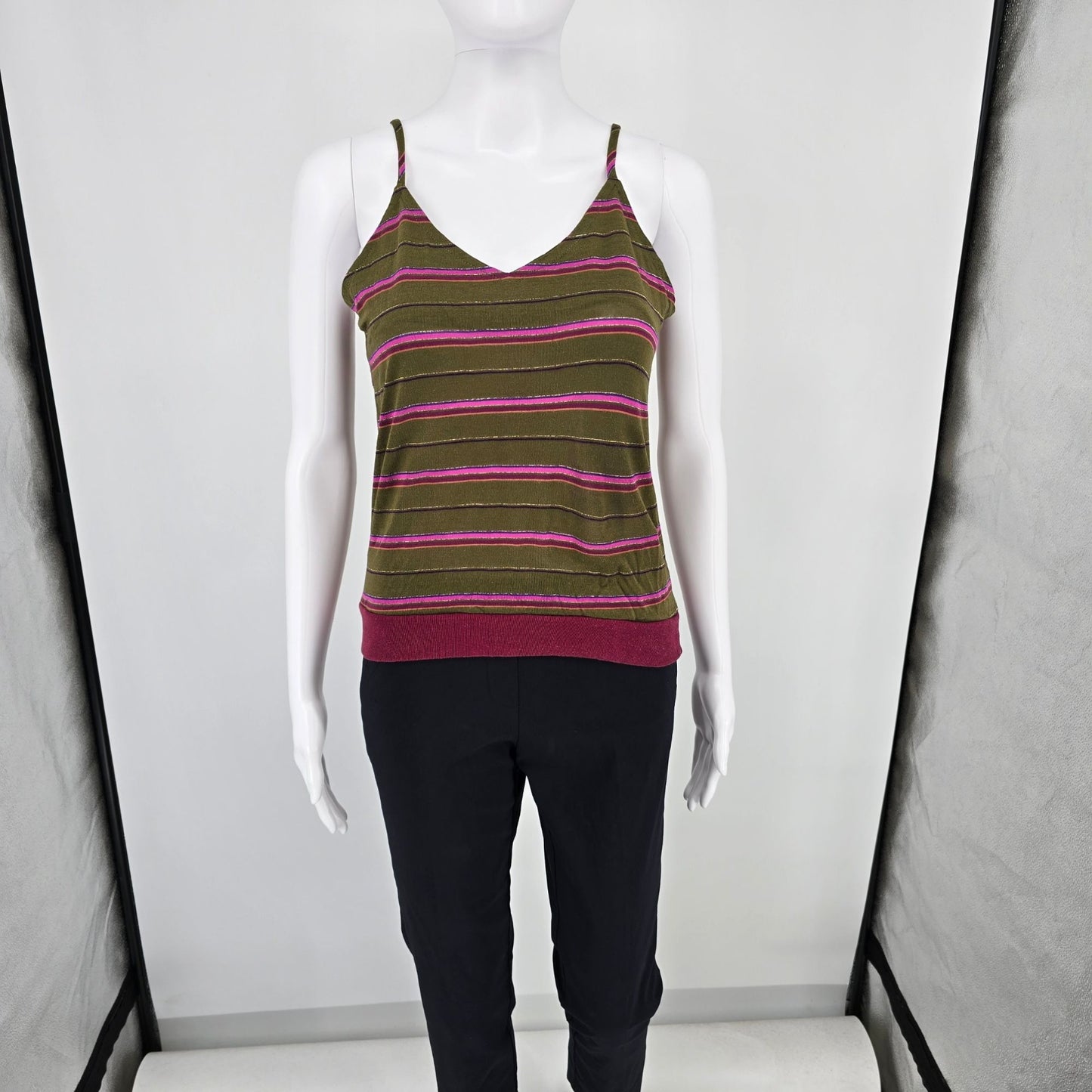 Vintage 1970s Olive Green Metallic Striped Spaghetti Strap Disco Tank Top (S)