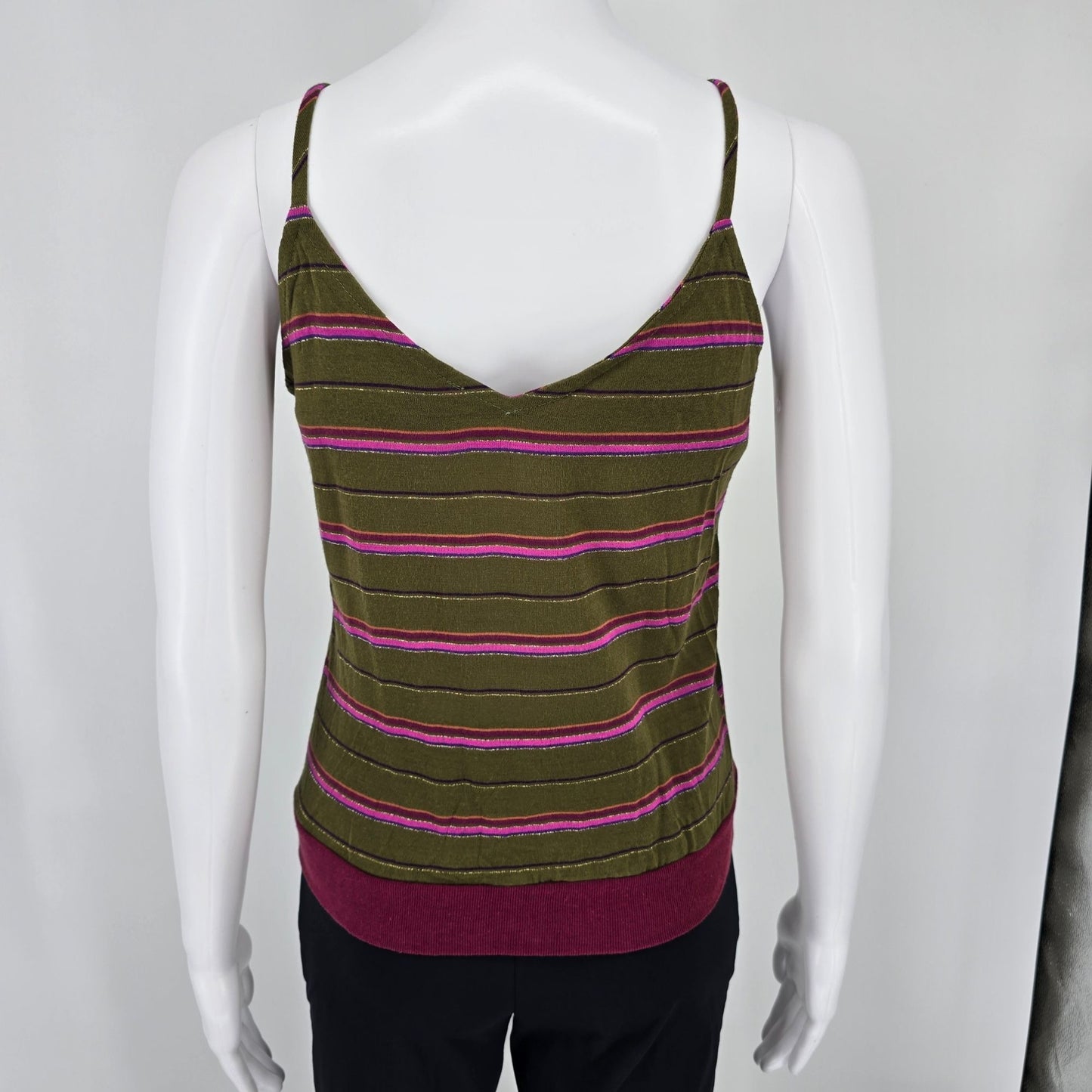 Vintage 1970s Olive Green Metallic Striped Spaghetti Strap Disco Tank Top (S)