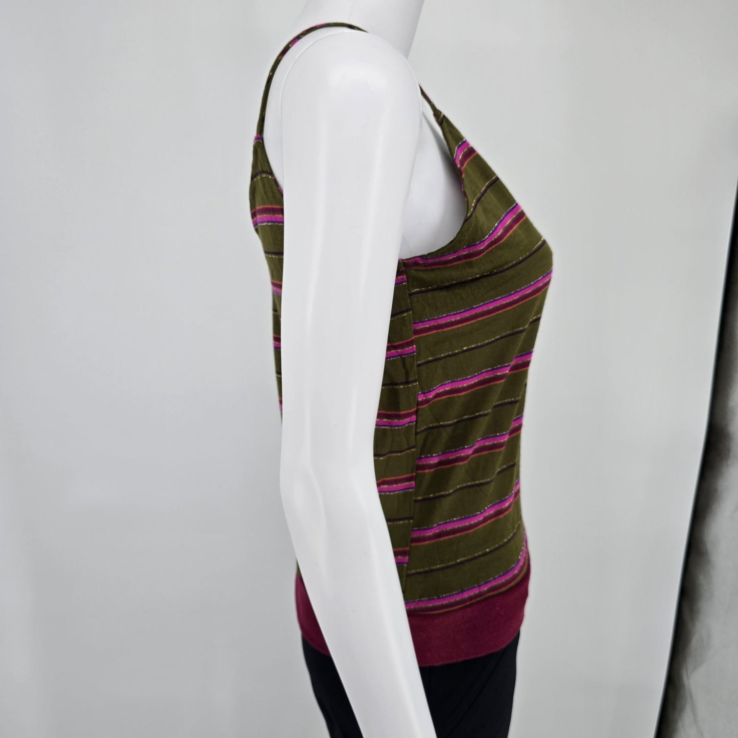 Vintage 1970s Olive Green Metallic Striped Spaghetti Strap Disco Tank Top (S)