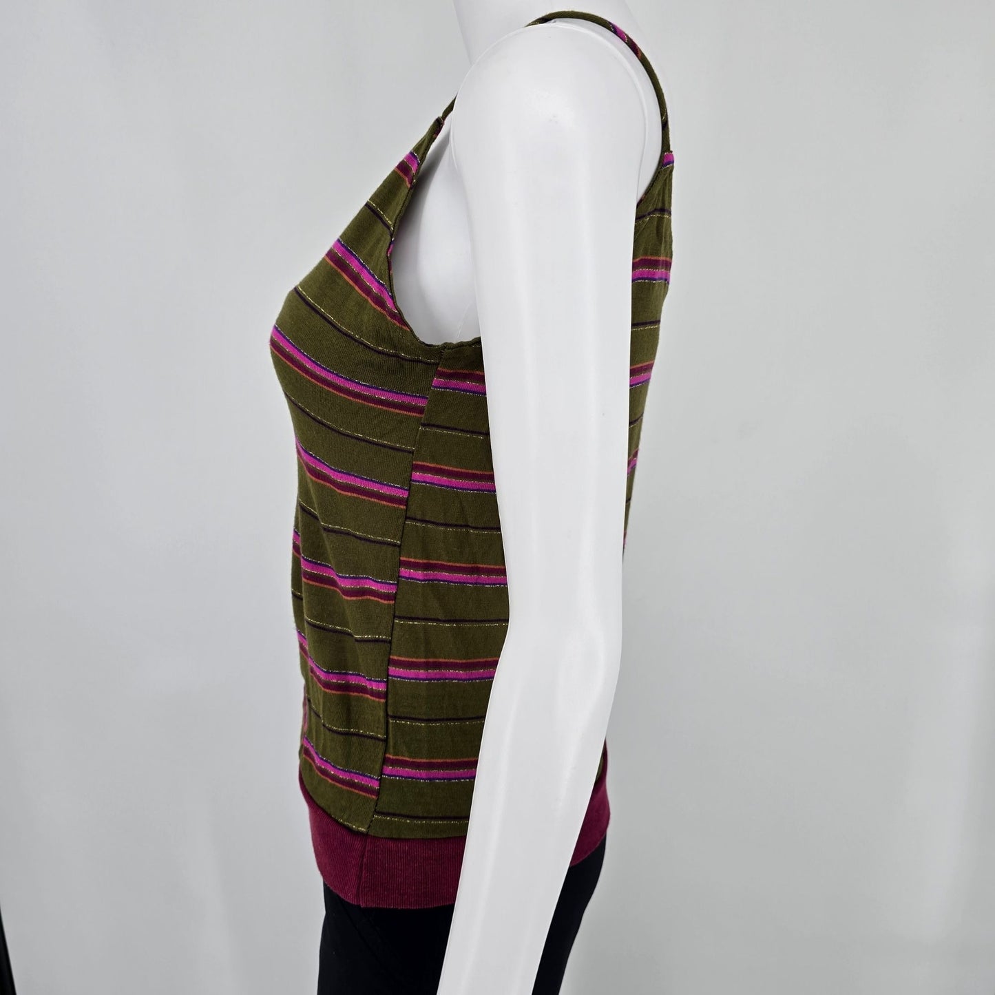 Vintage 1970s Olive Green Metallic Striped Spaghetti Strap Disco Tank Top (S)