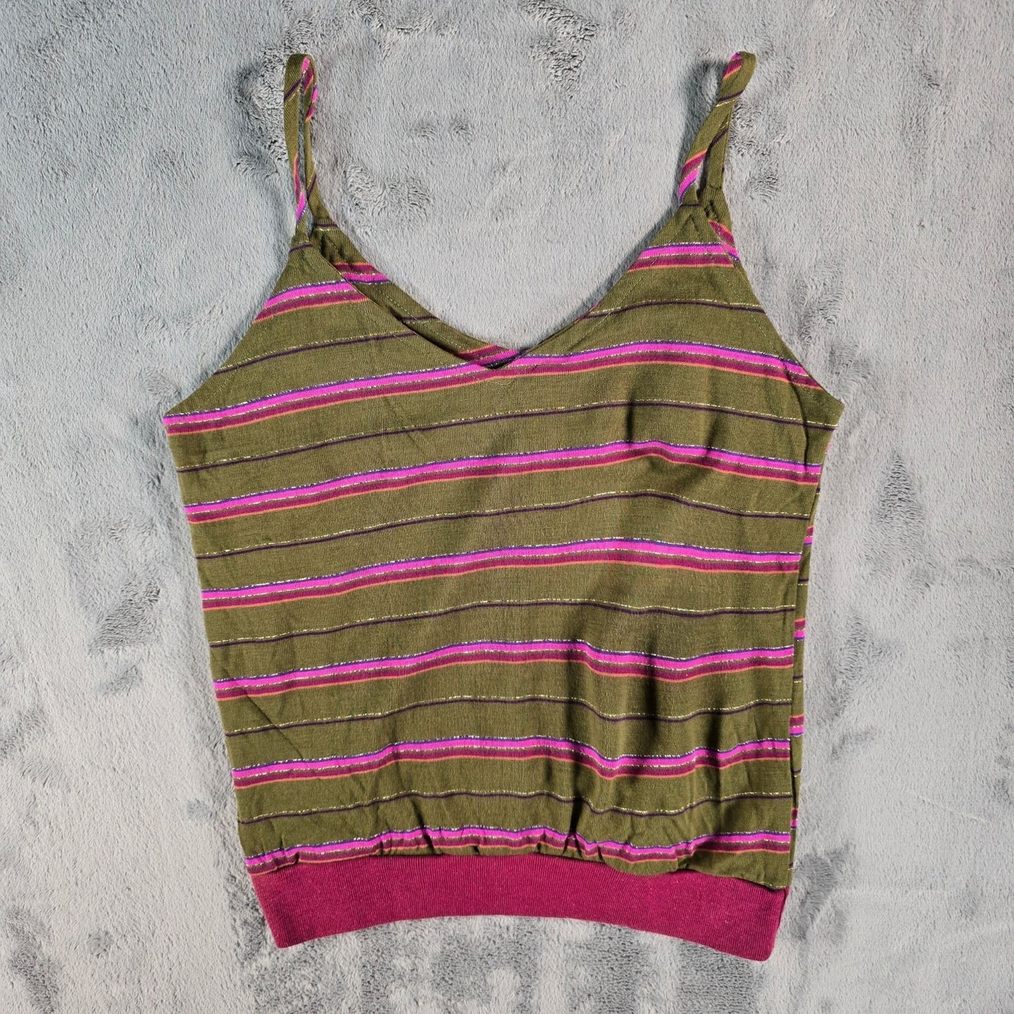 Vintage 1970s Olive Green Metallic Striped Spaghetti Strap Disco Tank Top (S)