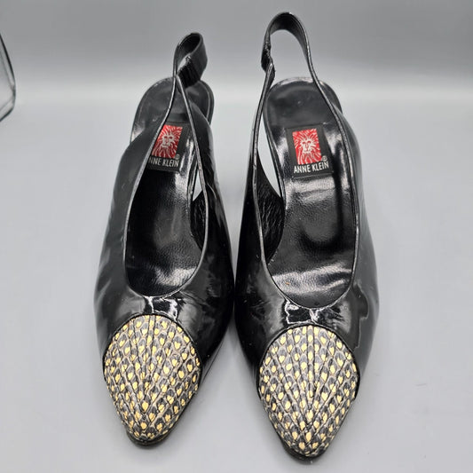 Vintage 1980s Anne Klein Made in Italy Black Patent Cap-Toe Slingback Heels (7M)