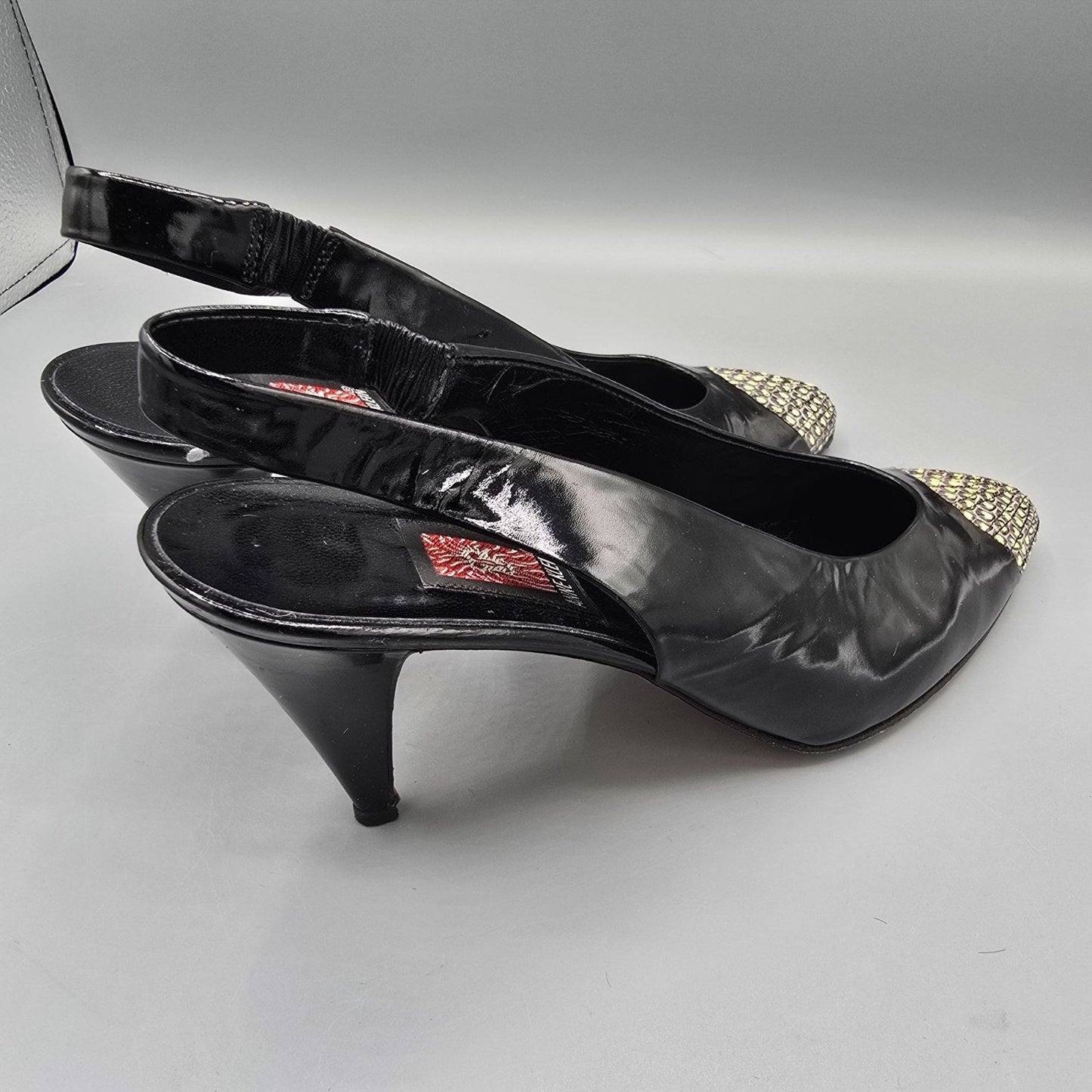Vintage 1980s Anne Klein Made in Italy Black Patent Cap-Toe Slingback Heels (7M)