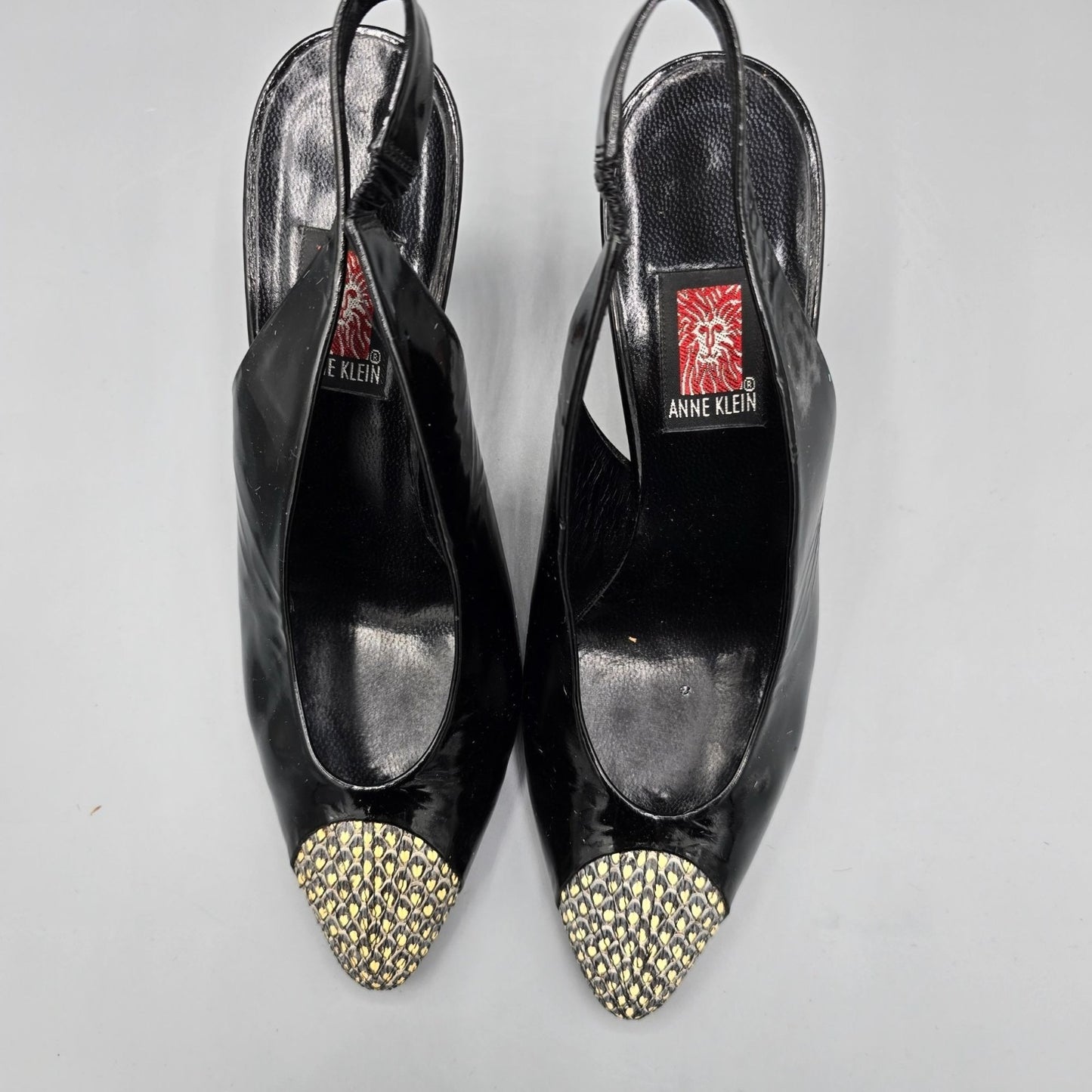 Vintage 1980s Anne Klein Made in Italy Black Patent Cap-Toe Slingback Heels (7M)