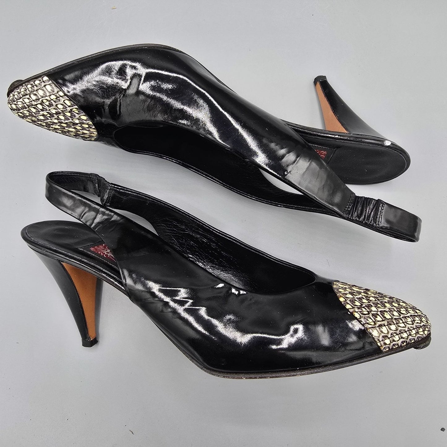 Vintage 1980s Anne Klein Made in Italy Black Patent Cap-Toe Slingback Heels (7M)