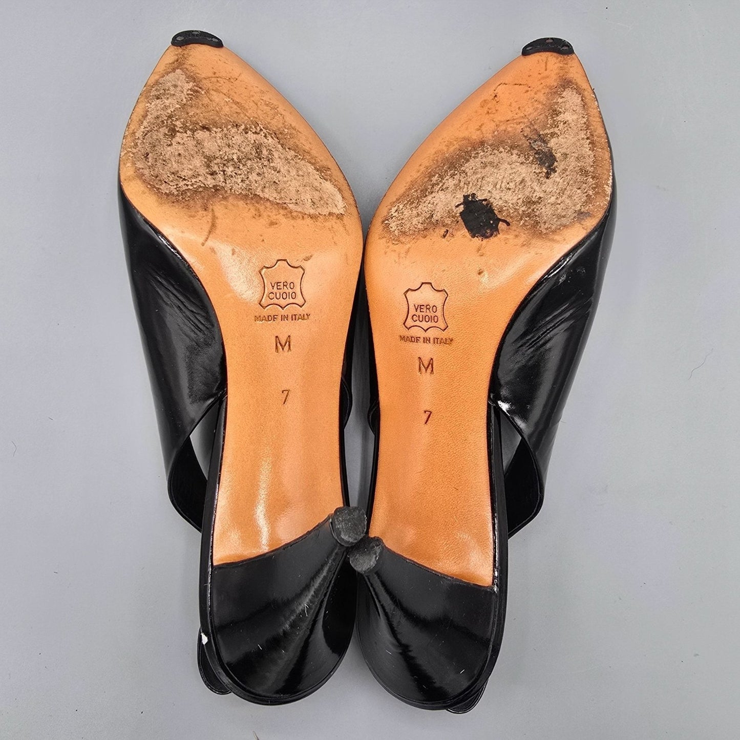 Vintage 1980s Anne Klein Made in Italy Black Patent Cap-Toe Slingback Heels (7M)