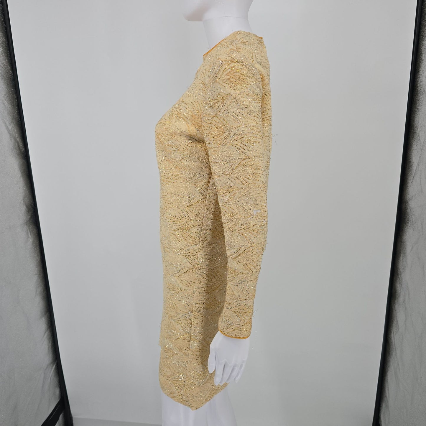 Vintage 1960s Cream Knit Metallic Lace Mod Mini Shift Dress (Small) *Damaged