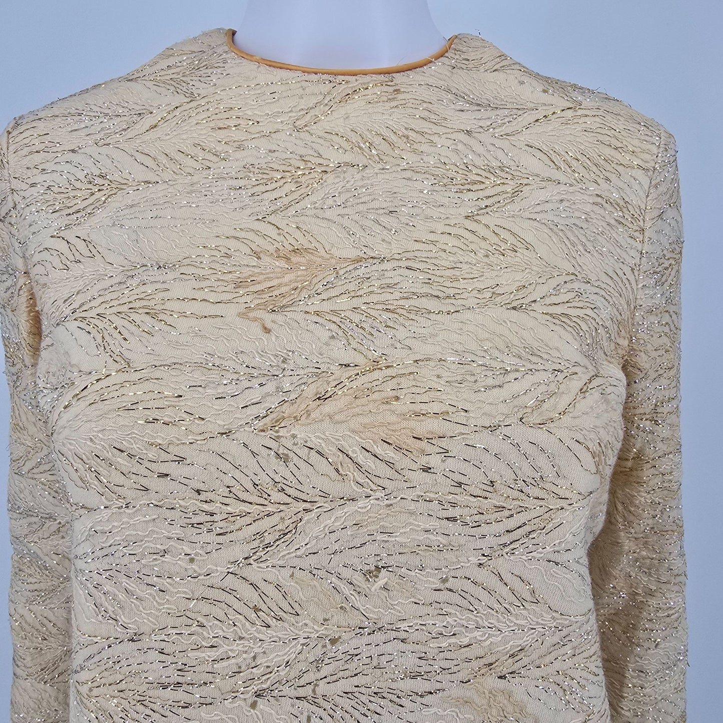 Vintage 1960s Cream Knit Metallic Lace Mod Mini Shift Dress (Small) *Damaged