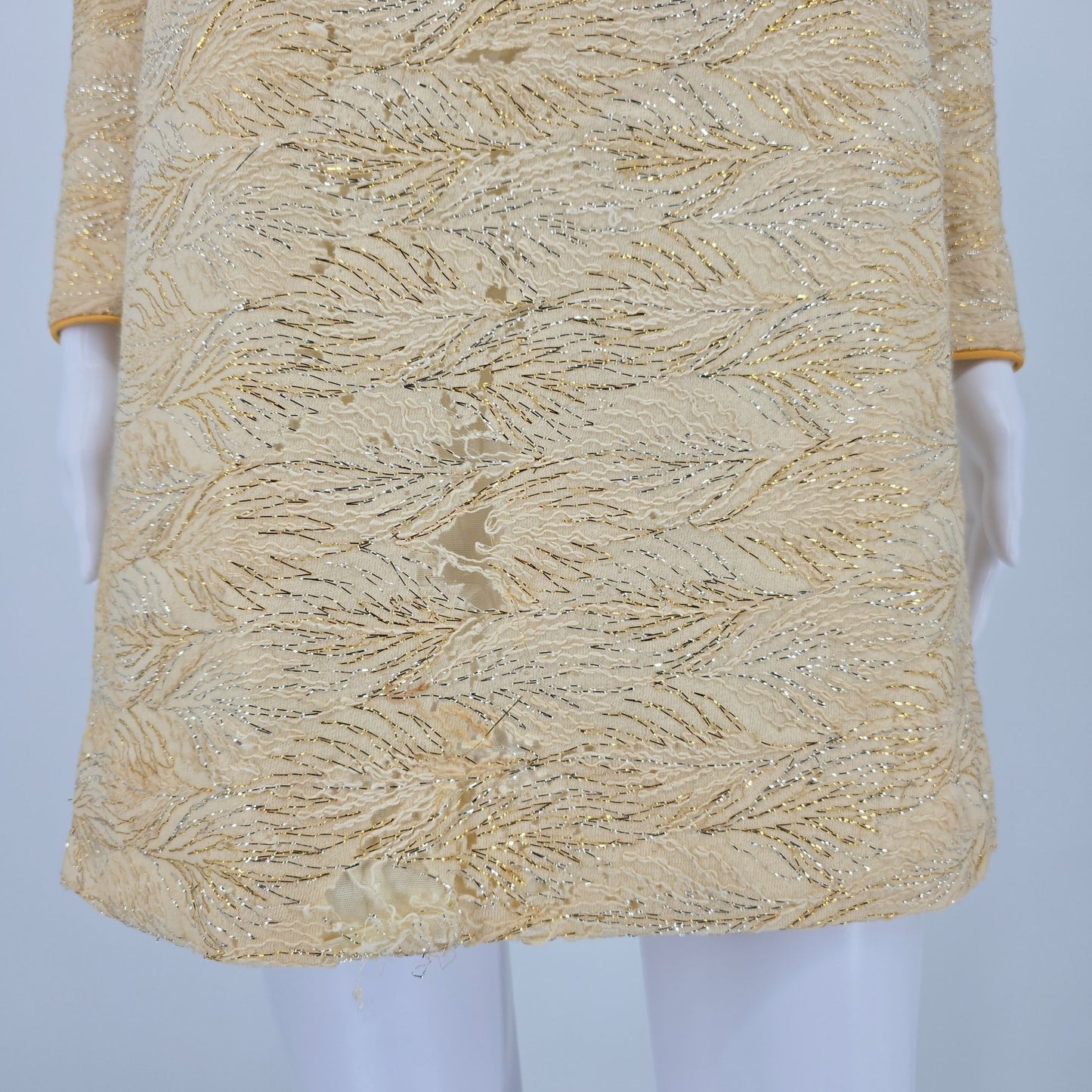 Vintage 1960s Cream Knit Metallic Lace Mod Mini Shift Dress (Small) *Damaged