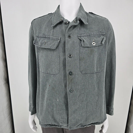 Vintage Distressed Gray Denim Swiss Army Patrol/ Prison Workwear Denim Jacket -L