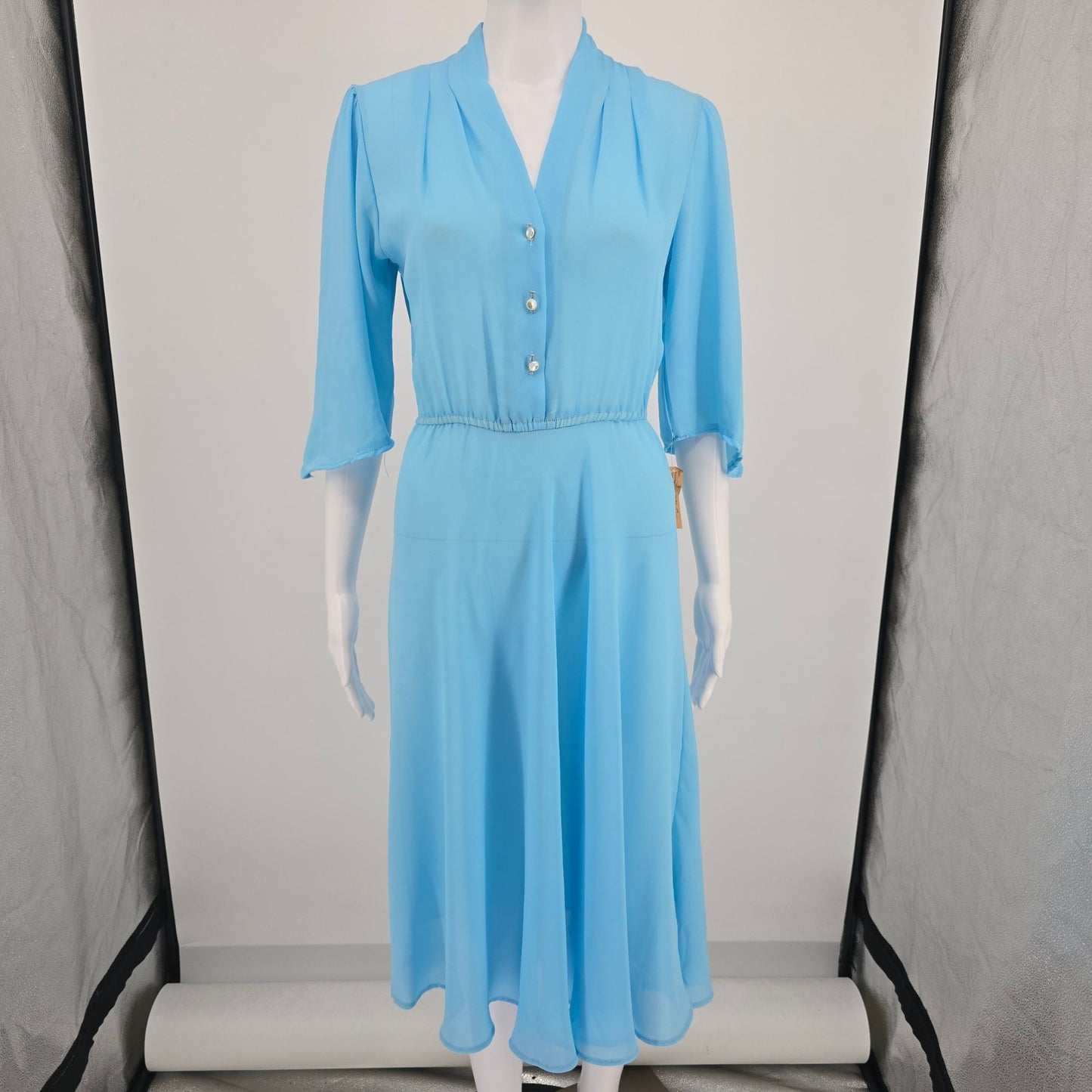 Vintage 1970s Ellen Terri Miami Sky Blue Semi-Sheer Blouson Midi Dress (M)
