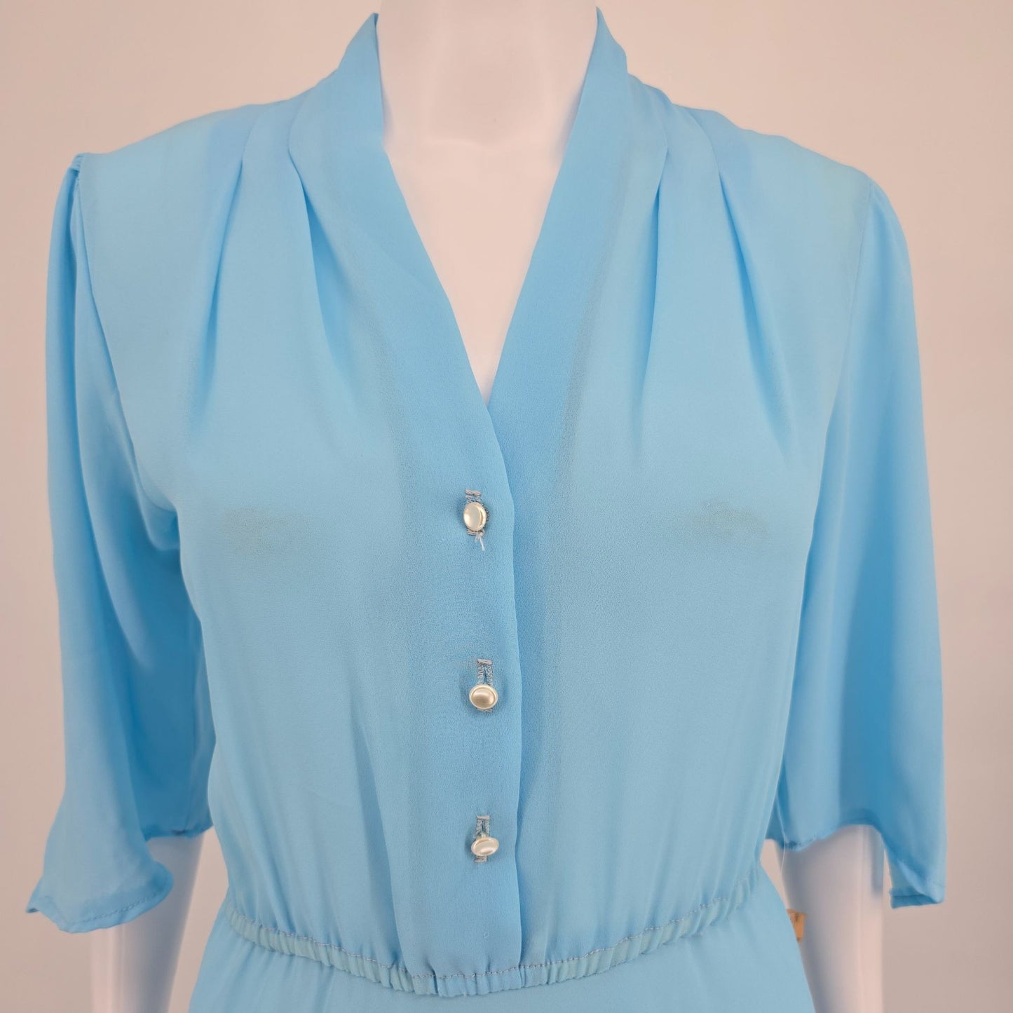 Vintage 1970s Ellen Terri Miami Sky Blue Semi-Sheer Blouson Midi Dress (M)