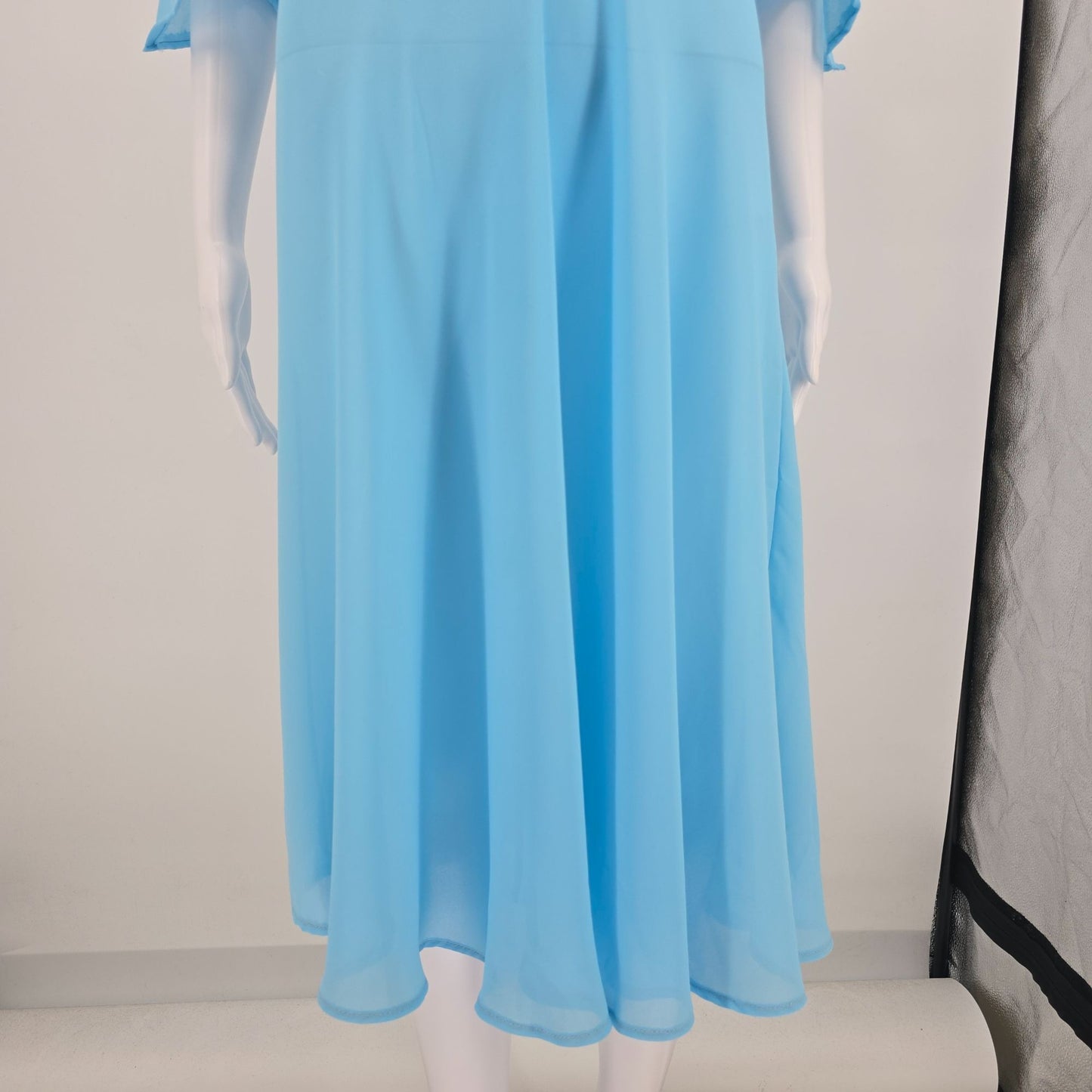 Vintage 1970s Ellen Terri Miami Sky Blue Semi-Sheer Blouson Midi Dress (M)