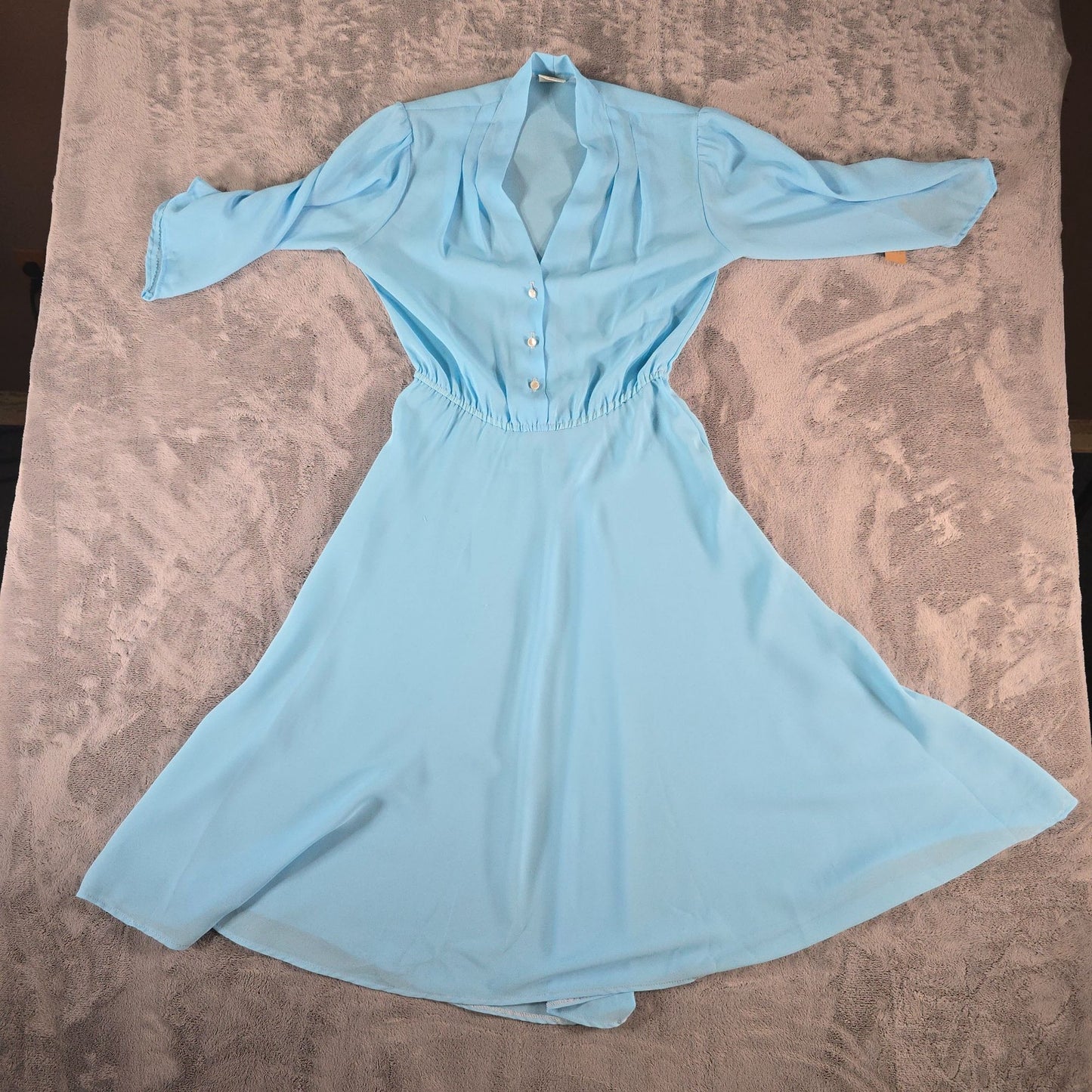 Vintage 1970s Ellen Terri Miami Sky Blue Semi-Sheer Blouson Midi Dress (M)