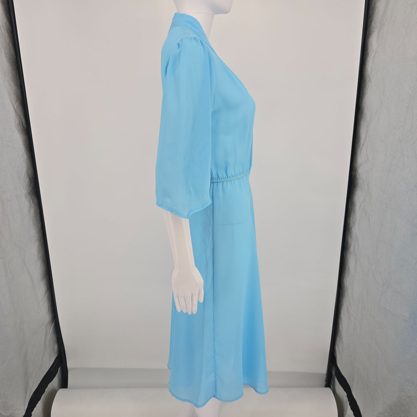 Vintage 1970s Ellen Terri Miami Sky Blue Semi-Sheer Blouson Midi Dress (M)