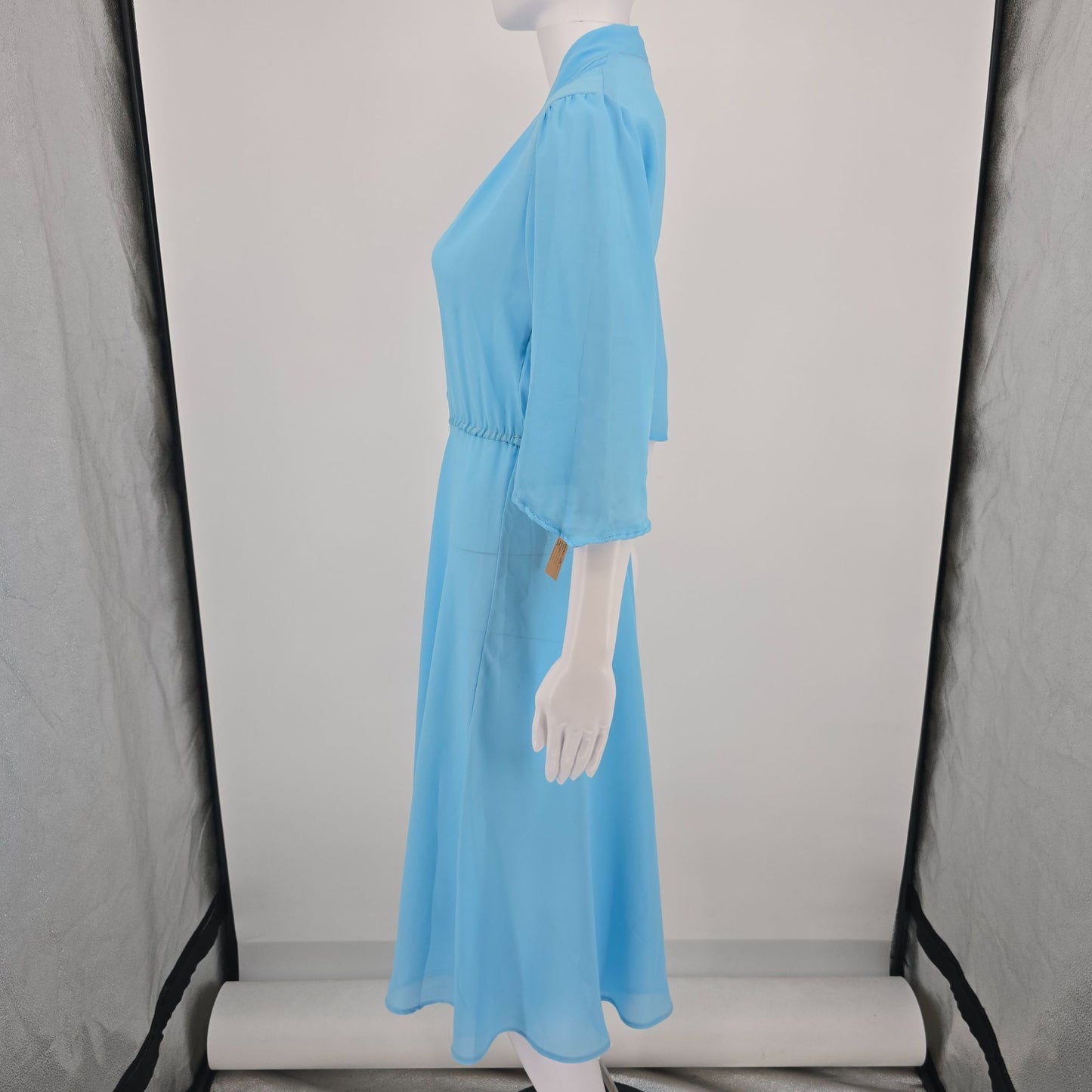 Vintage 1970s Ellen Terri Miami Sky Blue Semi-Sheer Blouson Midi Dress (M)