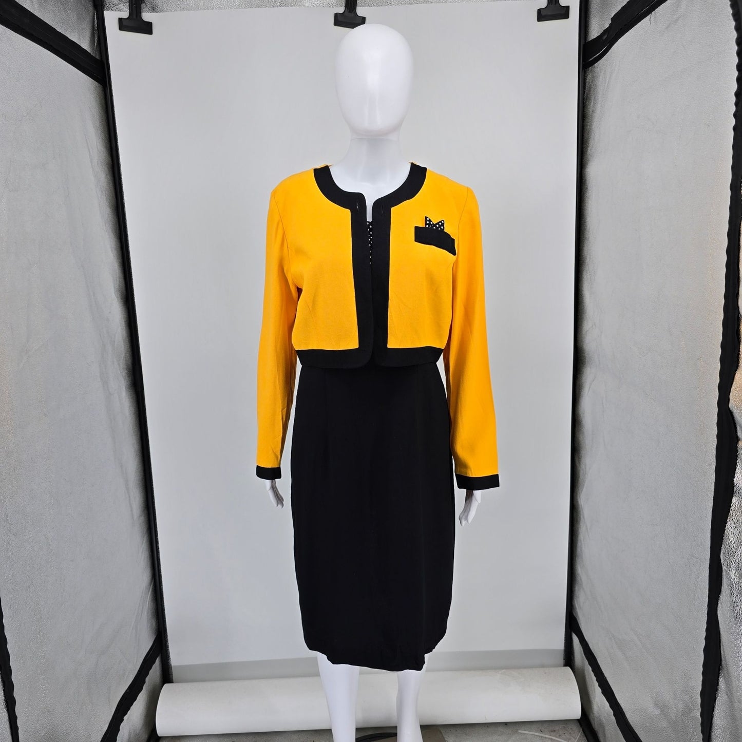 Vintage 1980s Perceptions by Irene B Yellow/Black Faux Two-Piece Dress (8/M)