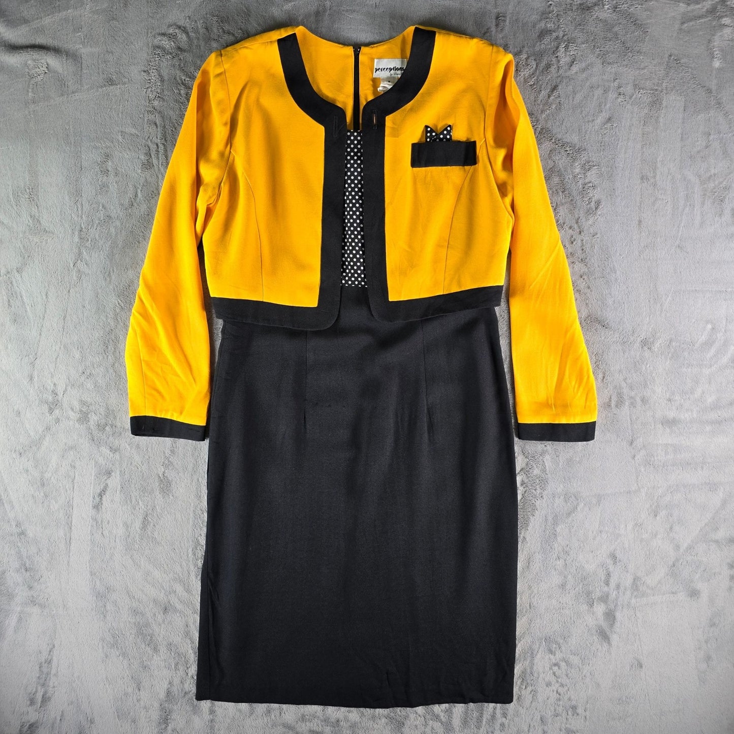 Vintage 1980s Perceptions by Irene B Yellow/Black Faux Two-Piece Dress (8/M)