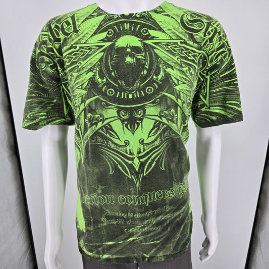 Y2K Revolutionary Rebel Strife Action Conquers Fear Green Graphic T-Shirt (XXL)