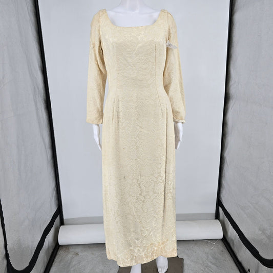 Vintage 1960s Ivory Brocade A-Line Gown Formal/Wedding Dress (Size 8/M) *Flaws