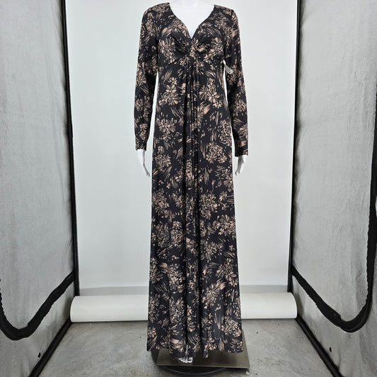 Vintage 1990s Black/Beige Floral Polyester V-Neck Empire Maxi Dress (Size 8/M)